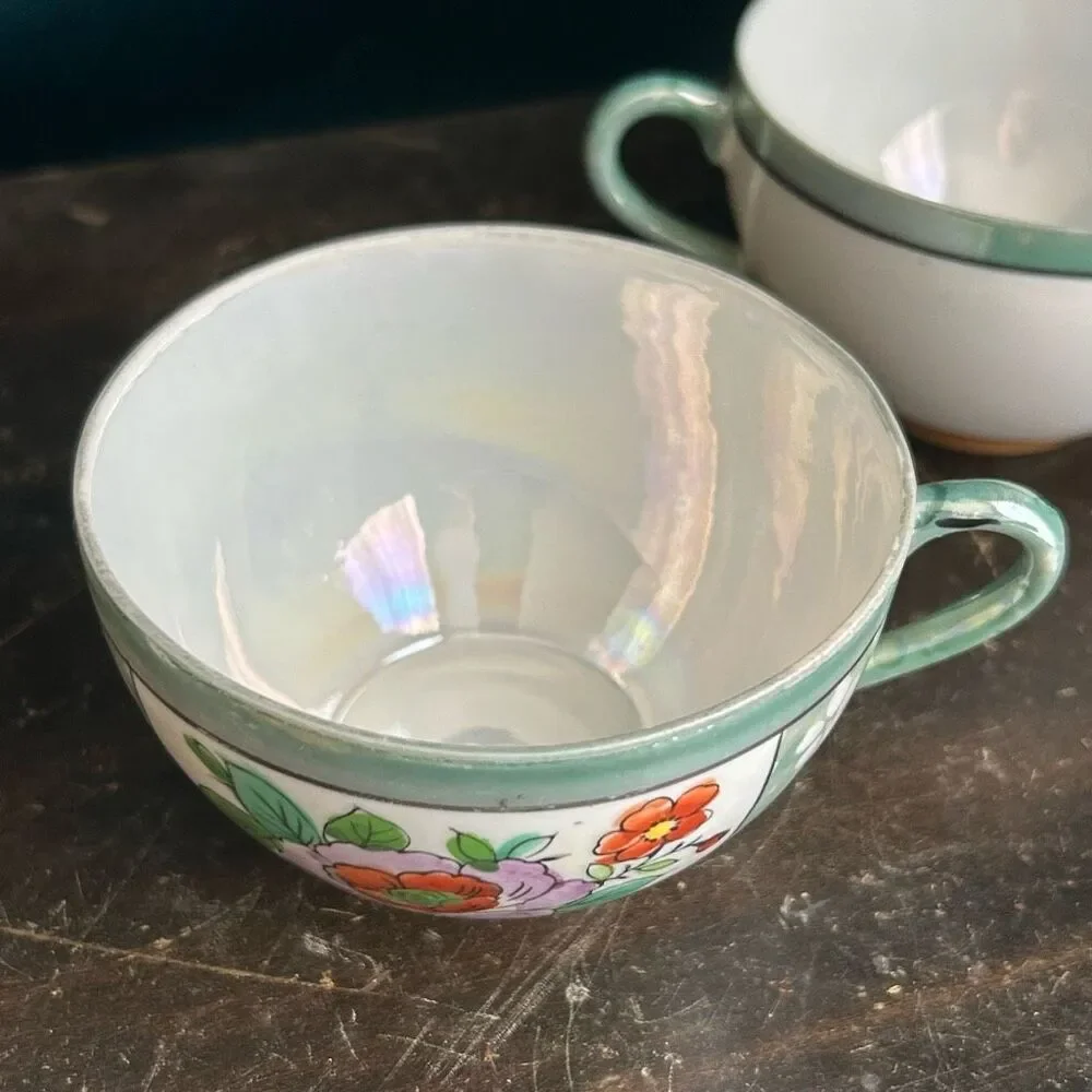 2 Vintage Hand Painted Lusterware Floral Tea Cups